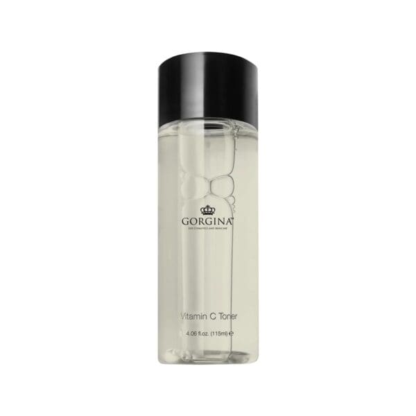 Clear bottle of Gorgina Vitamin C Toner with black cap, containing 115 ml of liquid, shown against a white background.
