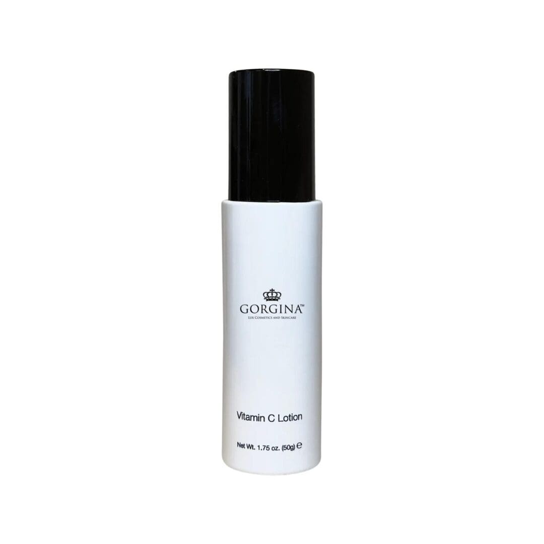A white bottle with a black cap labeled "Gorgina Vitamin C Lotion, Net Wt. 1.75 oz. (50g)" against a plain background.