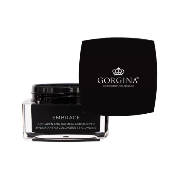A black jar of Gorgina Embrace collagen and oatmeal moisturizer with the lid partially open, featuring product and brand labels.