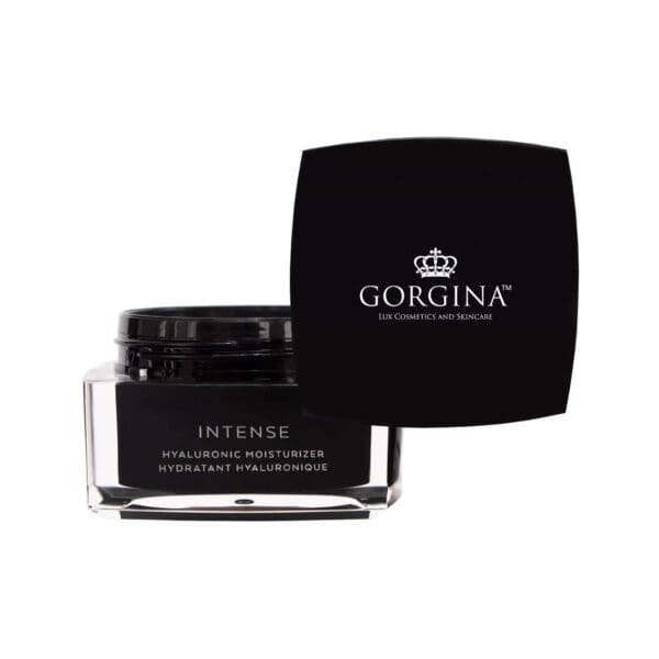 A black jar of Gorgina Intense Hyaluronic Moisturizer with the lid partially off, displaying product branding and label text.