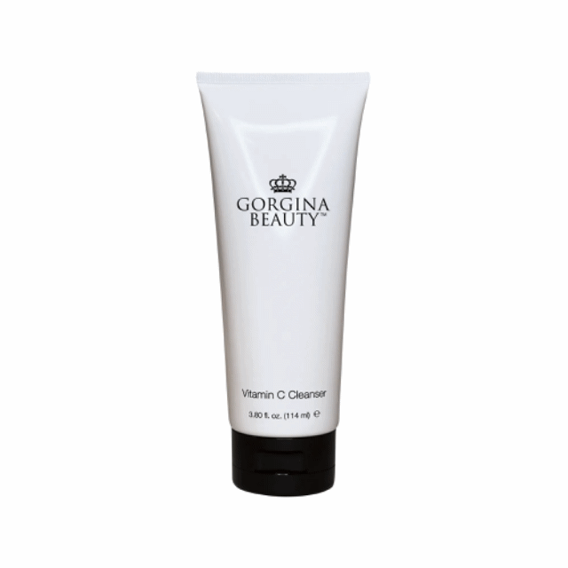 A white tube labeled "Gorgina Beauty Vitamin C Cleanser, 3.8 fl. oz. (114 ml)" with a black cap, ideal for those who love Permanent Cosmetics, is displayed against a plain background.