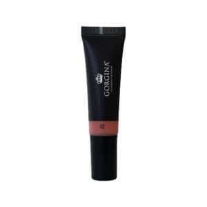 A black tube of Gorgina liquid lipstick, shade 02, with a clear section showing the product's rosy color, isolated on a white background.