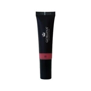 A tube of Gorgina brand lip and cheek tint in shade 03, featuring a black cap and a transparent section showing the pinkish color.