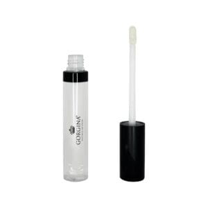 A clear lip gloss in a transparent tube with black cap, shown open with the applicator wand standing upright beside the tube.