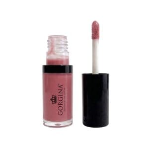 A tube of Gorgina liquid lipstick in pink shade with the applicator wand removed and standing upright beside the open bottle.