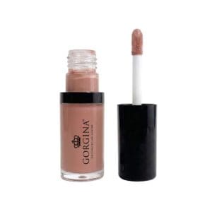 A bottle of Gorgina liquid lipstick in nude shade with the applicator wand removed and placed upright beside the open bottle.